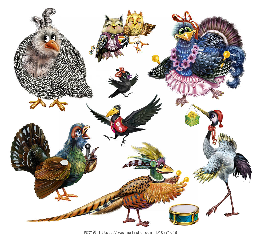 一套卡通动物合集一套有趣的鸟，卡通乌鸦，豚鼠，猪，木毛，野鸡和猫头鹰的衣服，孤立的字符在白色背景